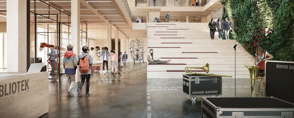 Illustrasjon fra Arkitema Architects av interiøret på Sophie Radich ungdomsskole