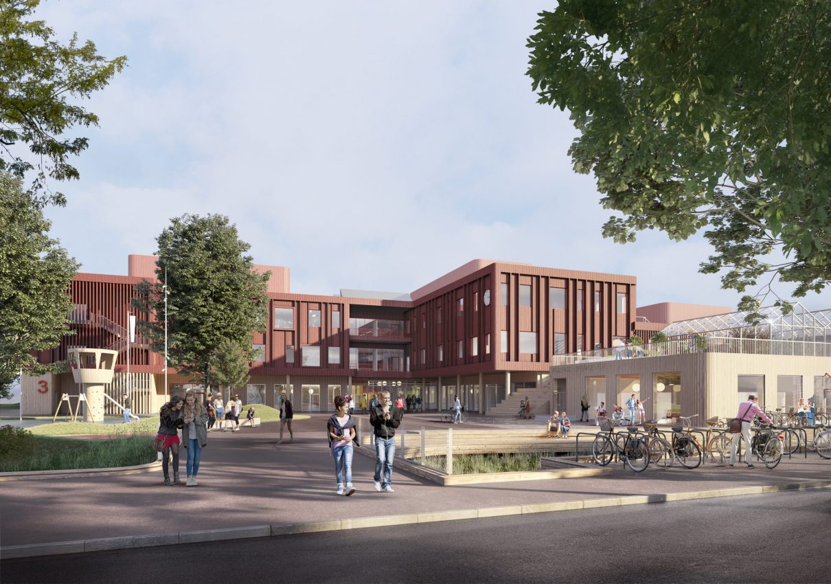 Illustrasjon fra Arkitema Architects av eksteriøret på Sophie Radich ungdomsskole